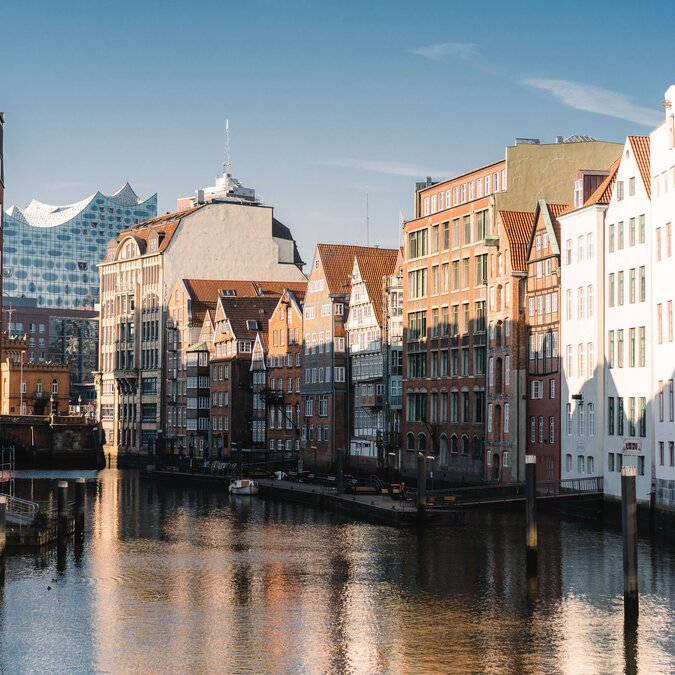 Typical Hamburg canal with a view of the Elbphilharmonie